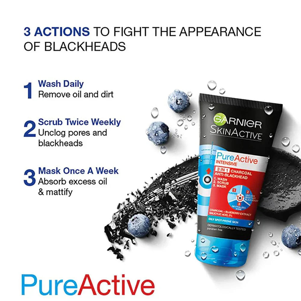 Garnier Pure Active 3in1 Charcoal Face Wash/Scrub/Mask